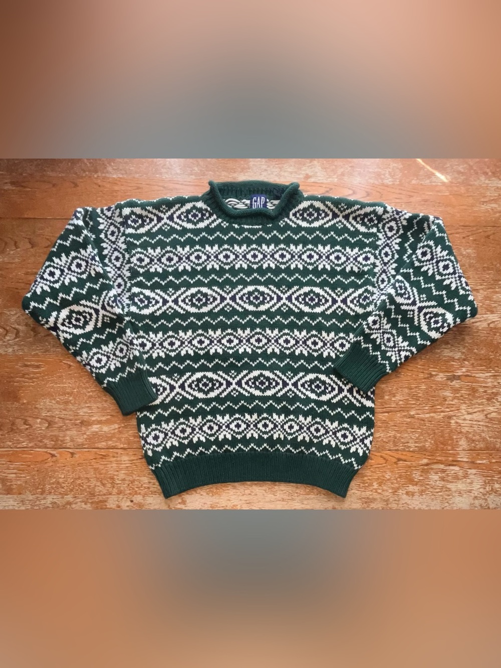 Vintage GAP Sweater Roll Neck Fair Isle Chunky Knit Cotton Pullover Size Large